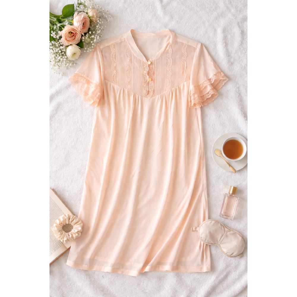 Vintage Peach Lace Trim Nightgown Short Flutter Sleeve‎ Pleated Bib L Sleepwear